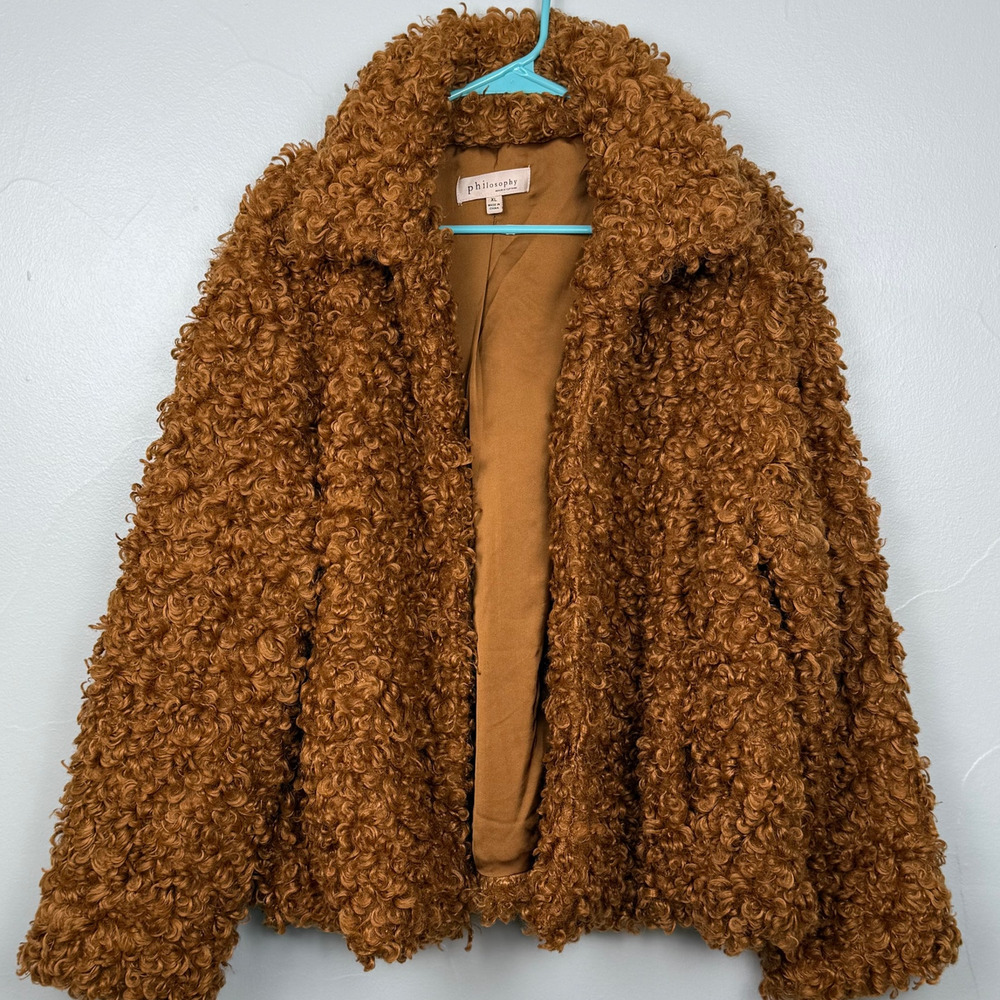 Philosophy Republic Womens Faux Fur Teddy Coat Size XL Brown Curly Sherpa Cozy